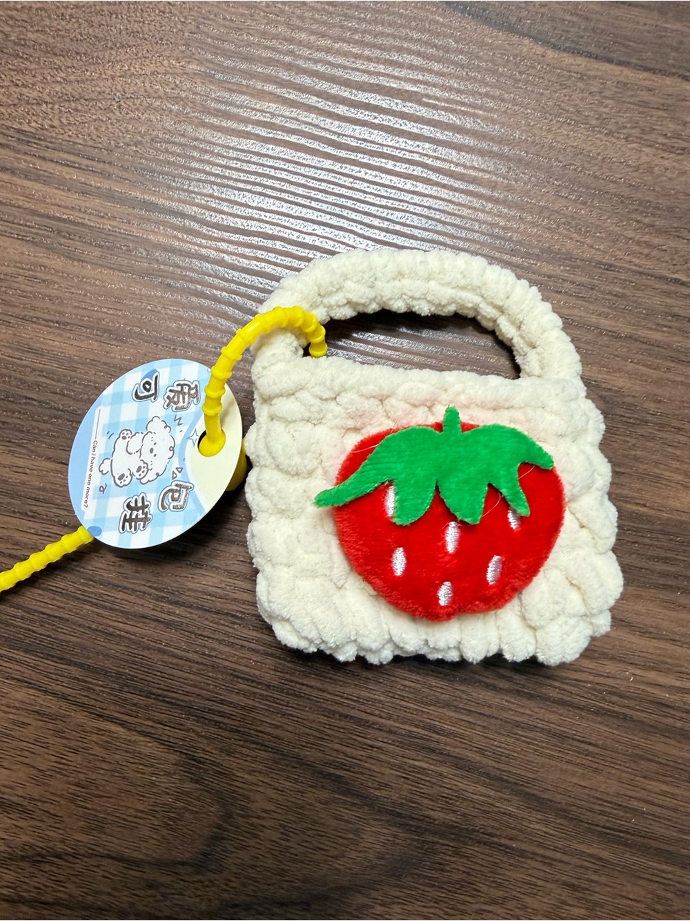 Cream Plush Mini Bag with Red Strawberry Accent cartoon knit coin earbuds 5”x4”